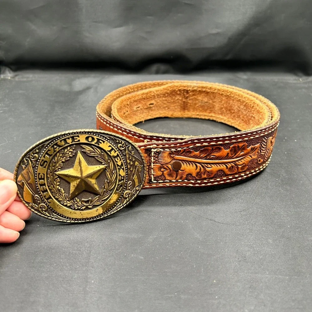 VTG Tony Llama Tooled Leather Belt State of Texas Buckle Western USA Men Size 36